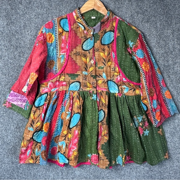 Quilted vintage Kantha patchwork quilt coat XL reversible peplum button boho - Picture 1 of 15